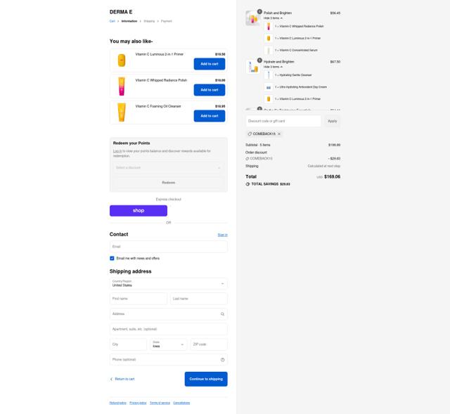 DERMA E checkout page showing DERMA E promo code box | Screenshot taken by SimplyCodes community member on Sep 12, 2025