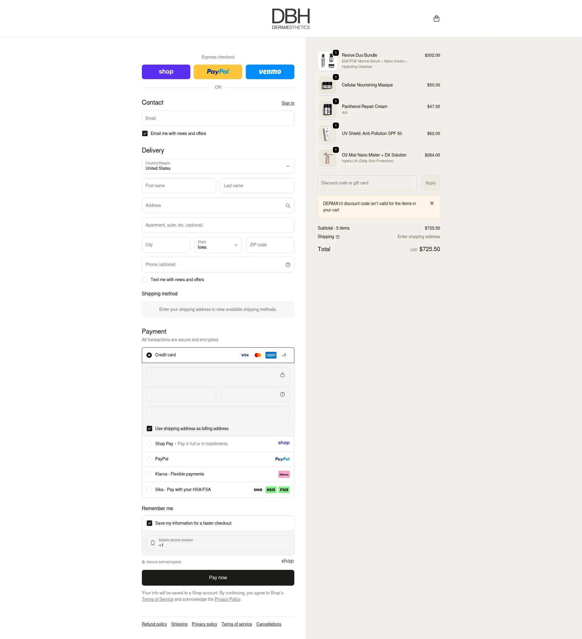 Dermaesthetics Beverly Hills checkout page showing Dermaesthetics Beverly Hills promo code box | Screenshot taken by SimplyCodes community member on Dec 22, 2025