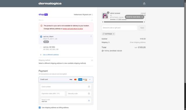 Dermalogica UK checkout page showing Dermalogica UK promo code box | Screenshot taken by SimplyCodes community member on Aug 7, 2025