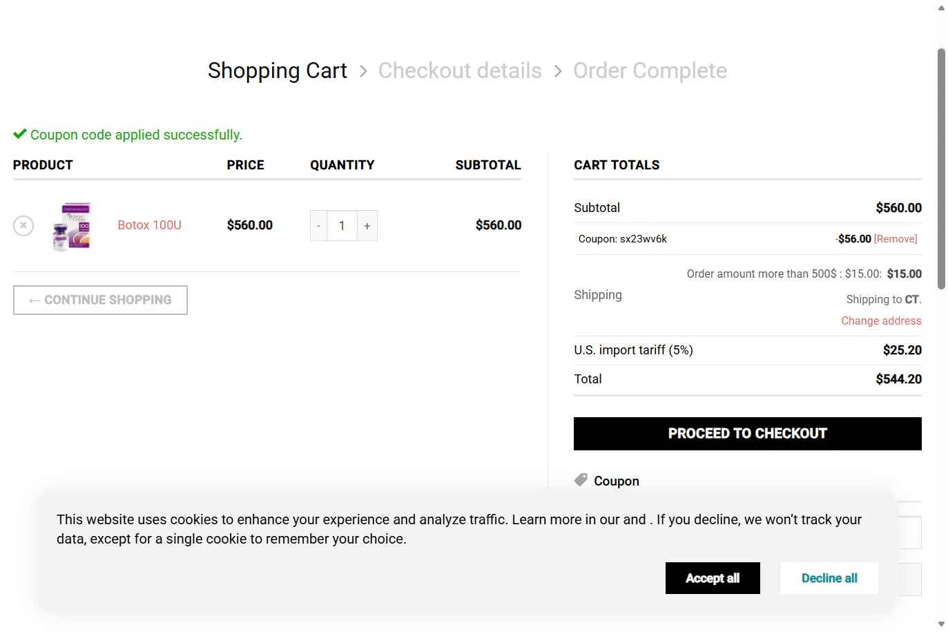Derma Solution checkout page showing Derma Solution coupon code box | Screenshot taken by SimplyCodes community member on Jan 8, 2026