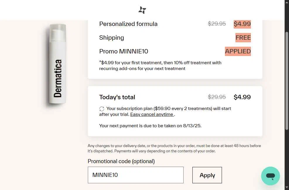 Dermatica US checkout page showing Dermatica US promo code box | Screenshot taken by SimplyCodes community member on Jul 16, 2025