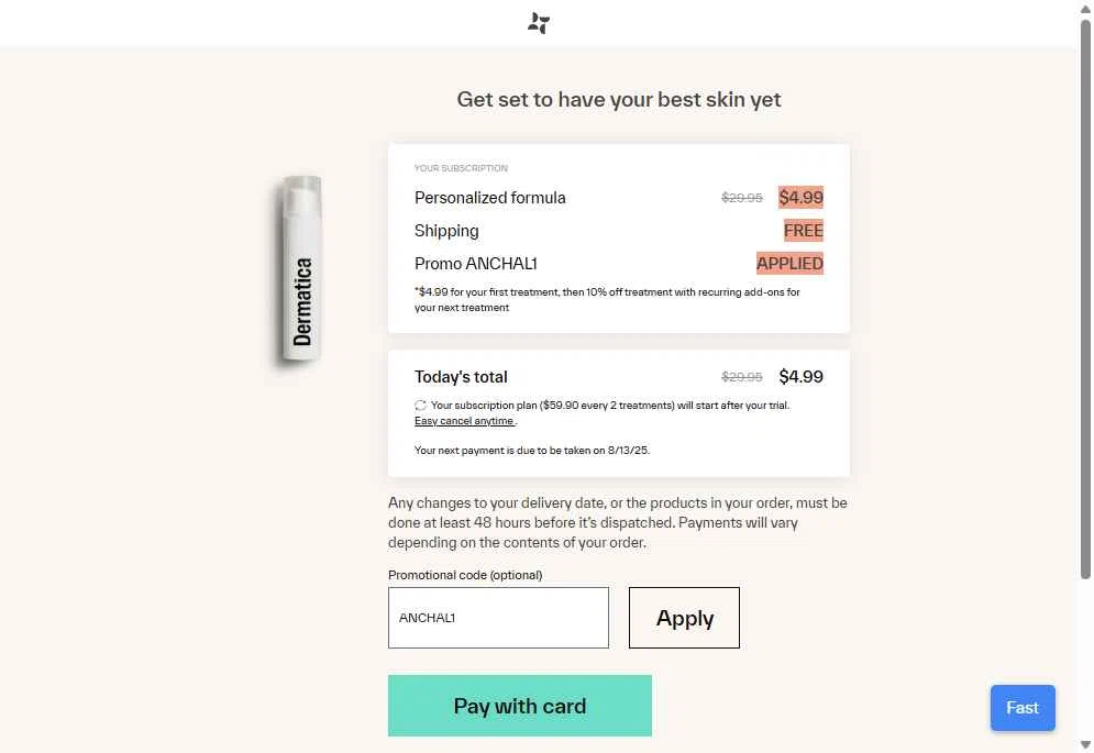 Dermatica US checkout page showing Dermatica US promo code box | Screenshot taken by SimplyCodes community member on Jul 16, 2025