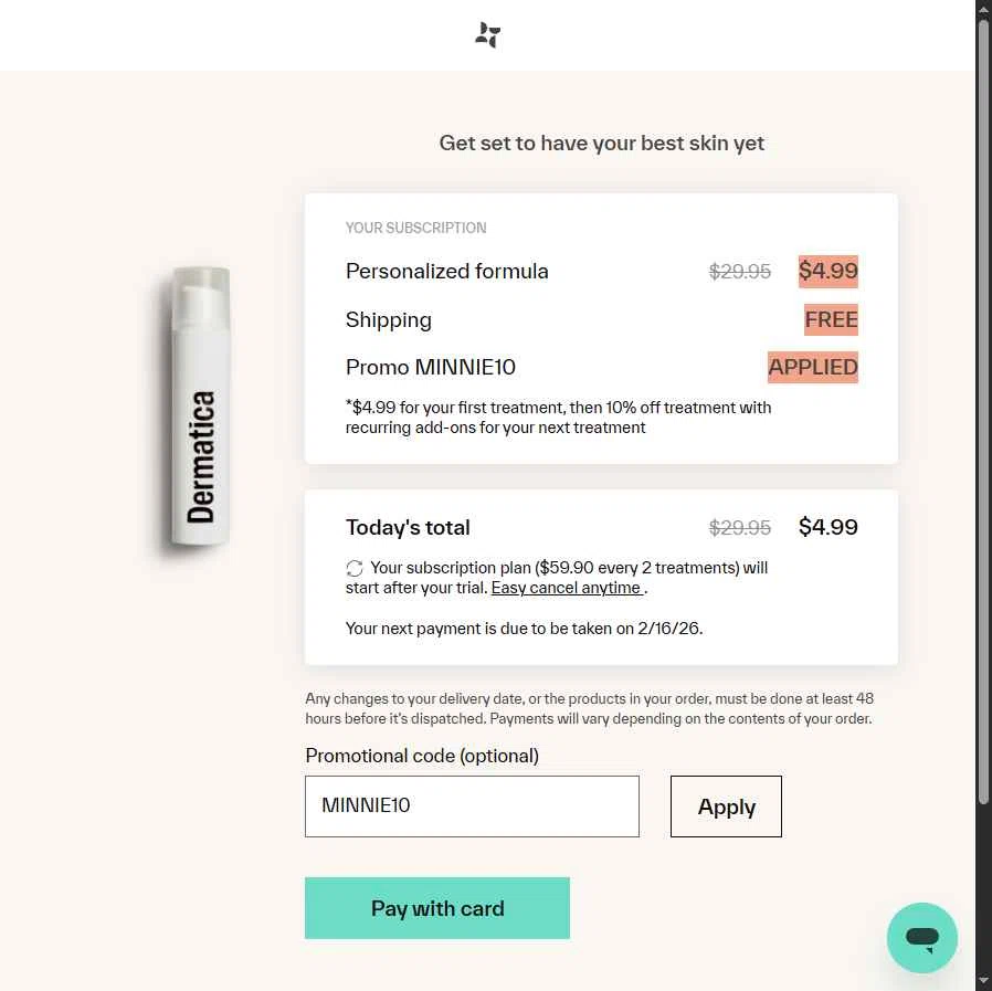 Dermatica US checkout page showing Dermatica US promo code box | Screenshot taken by SimplyCodes community member on Jan 19, 2026