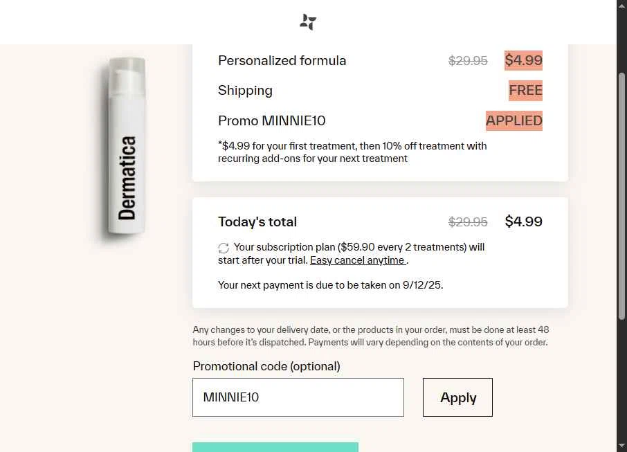 Dermatica US checkout page showing Dermatica US promo code box | Screenshot taken by SimplyCodes community member on Aug 14, 2025
