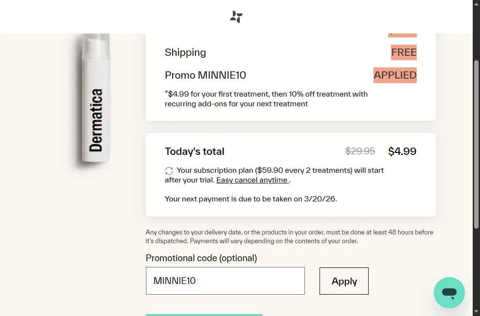 Dermatica US checkout page showing Dermatica US promo code box | Screenshot taken by SimplyCodes community member on Feb 20, 2026
