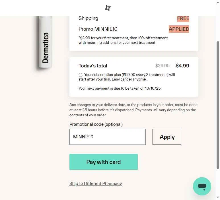 Dermatica US checkout page showing Dermatica US promo code box | Screenshot taken by SimplyCodes community member on Sep 12, 2025