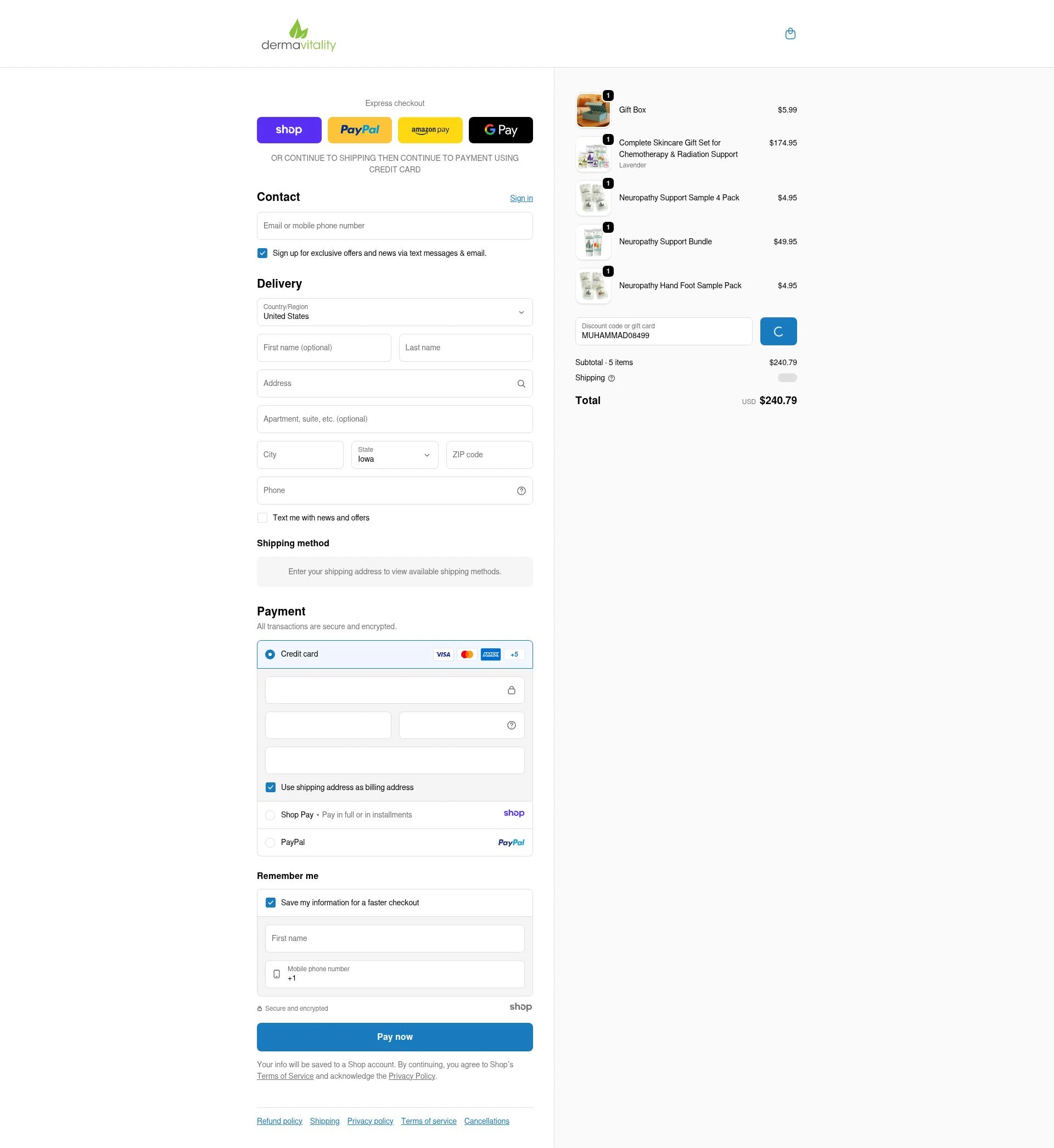 Dermavitality checkout page showing Dermavitality promo code box | Screenshot taken by SimplyCodes community member on Dec 28, 2025