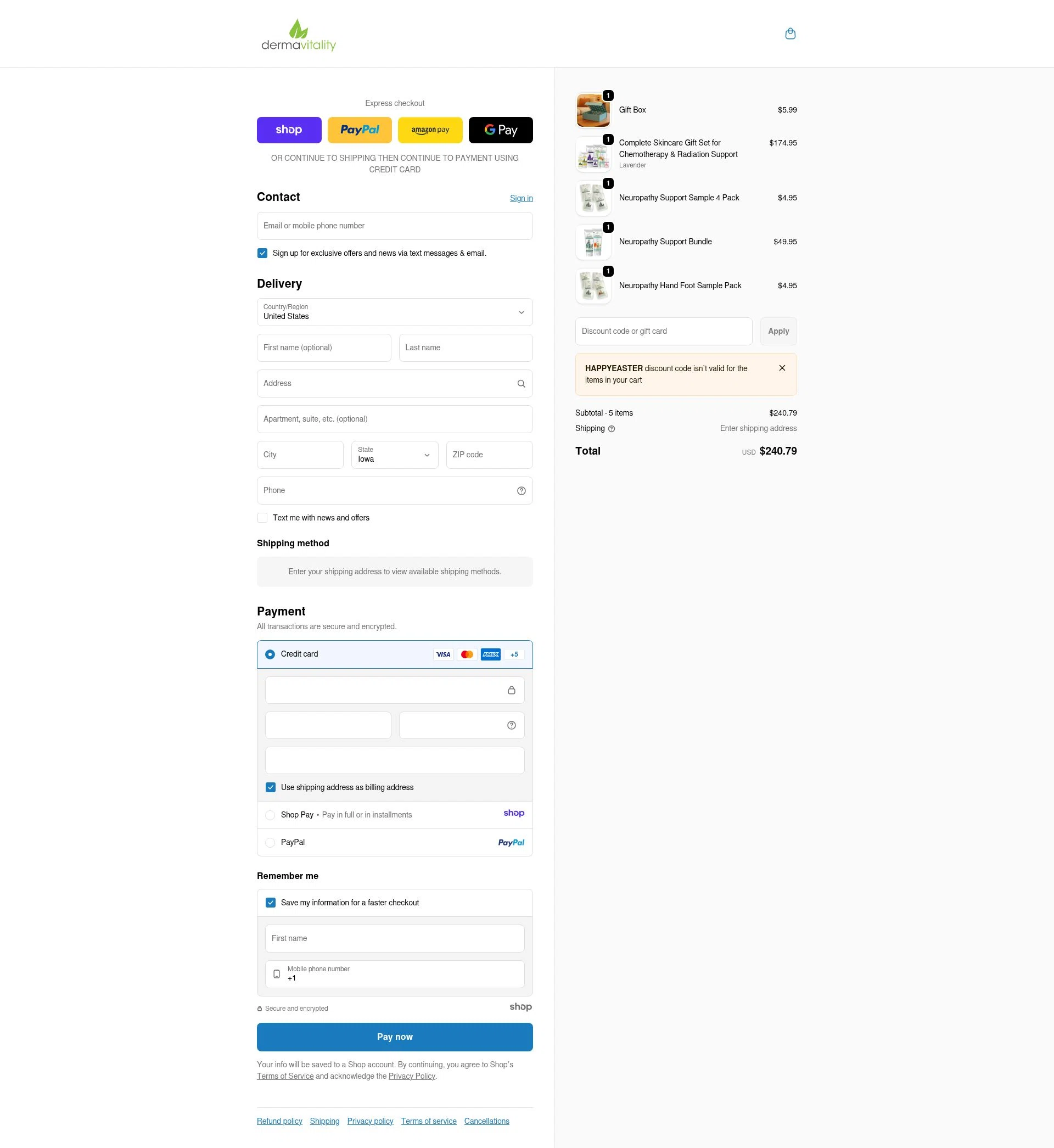 Dermavitality checkout page showing Dermavitality promo code box | Screenshot taken by SimplyCodes community member on Dec 28, 2025