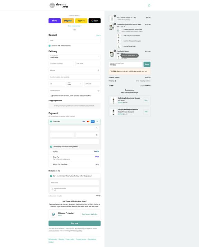 Dermazen checkout page showing Dermazen discount code box | Screenshot taken by SimplyCodes community member on Sep 11, 2025