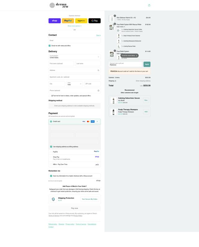 Dermazen checkout page showing Dermazen discount code box | Screenshot taken by SimplyCodes community member on Sep 11, 2025