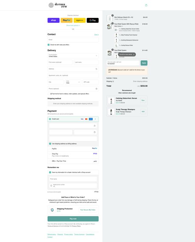 Dermazen checkout page showing Dermazen discount code box | Screenshot taken by SimplyCodes community member on Sep 11, 2025
