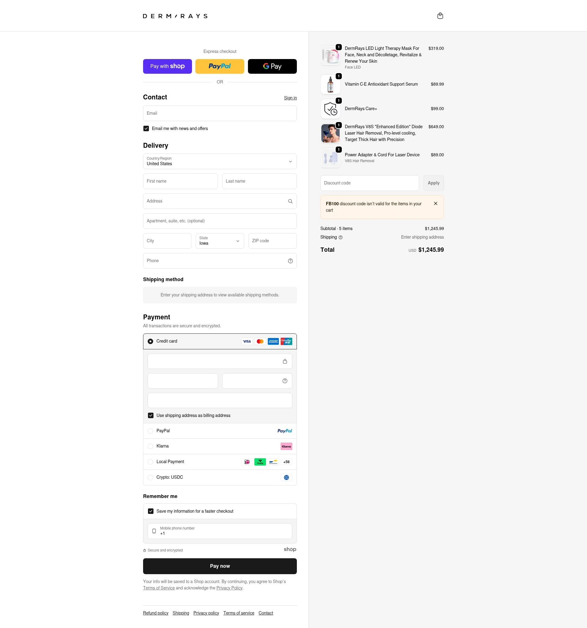 DermRays checkout page showing DermRays discount code box | Screenshot taken by SimplyCodes community member on Jan 10, 2026