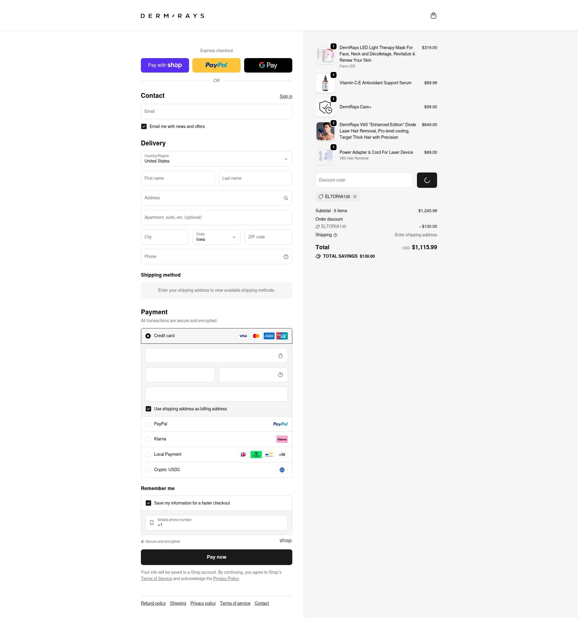 DermRays checkout page showing DermRays discount code box | Screenshot taken by SimplyCodes community member on Jan 10, 2026