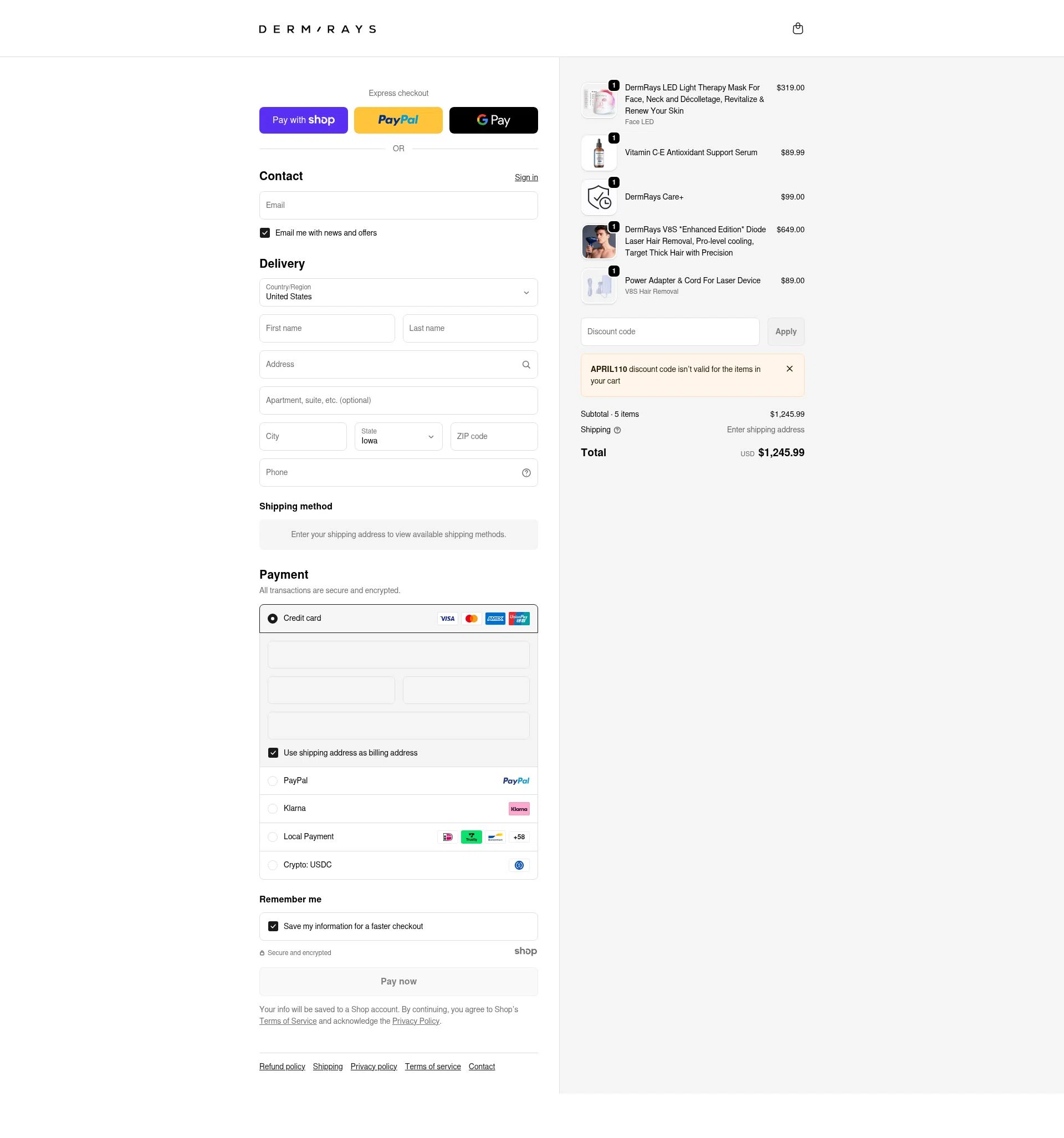 DermRays checkout page showing DermRays discount code box | Screenshot taken by SimplyCodes community member on Jan 10, 2026