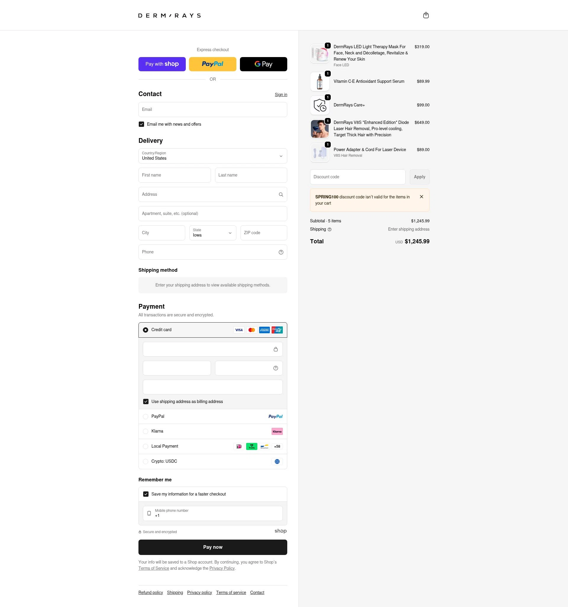 DermRays checkout page showing DermRays discount code box | Screenshot taken by SimplyCodes community member on Jan 10, 2026