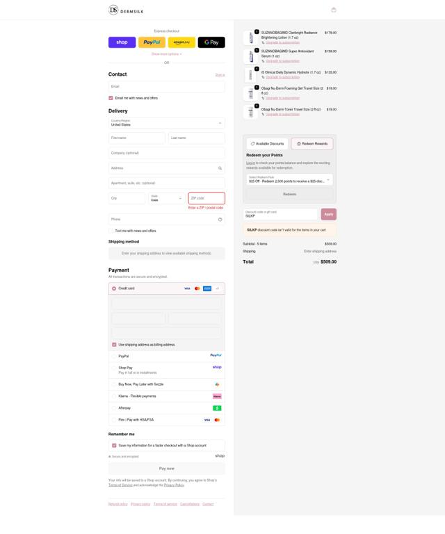 DermSilk checkout page showing DermSilk discount code box | Screenshot taken by SimplyCodes community member on Sep 24, 2025