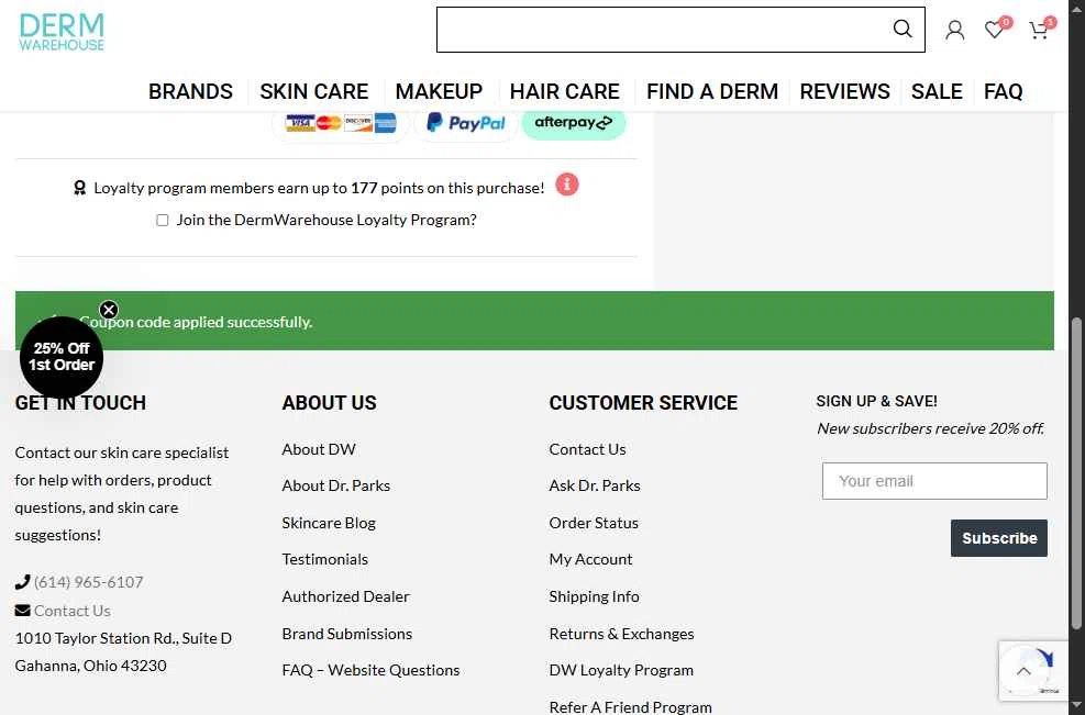 DermWarehouse checkout page showing DermWarehouse promo code box | Screenshot taken by SimplyCodes community member on Sep 23, 2025