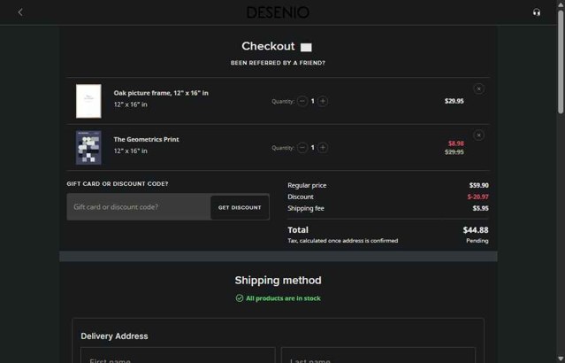 Desenio checkout page showing Desenio discount code box | Screenshot taken by SimplyCodes community member on Sep 7, 2025