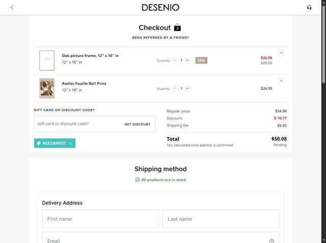 Desenio checkout page showing Desenio discount code box | Screenshot taken by SimplyCodes community member on Aug 20, 2025