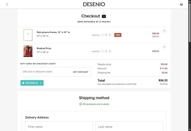 Desenio checkout page showing Desenio discount code box | Screenshot taken by SimplyCodes community member on Aug 27, 2025