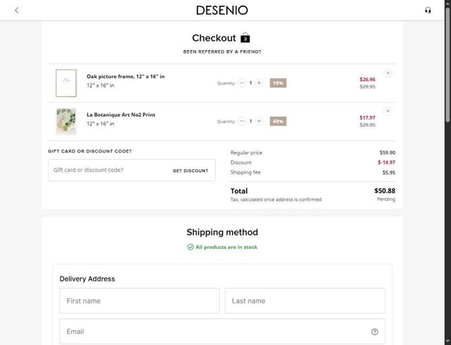 Desenio checkout page showing Desenio discount code box | Screenshot taken by SimplyCodes community member on Aug 21, 2025