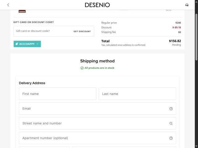 Desenio checkout page showing Desenio discount code box | Screenshot taken by SimplyCodes community member on Sep 3, 2025