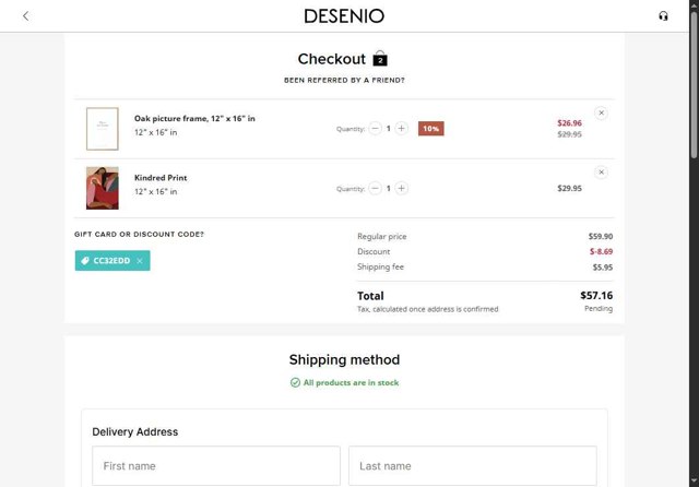 Desenio checkout page showing Desenio discount code box | Screenshot taken by SimplyCodes community member on Aug 28, 2025
