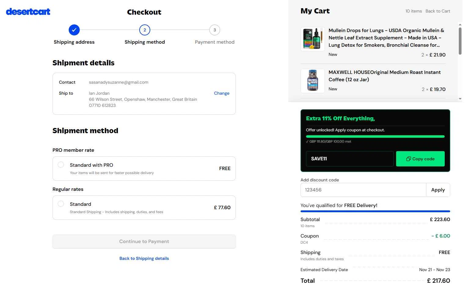 Desertcart checkout page showing Desertcart promo code box | Screenshot taken by SimplyCodes community member on Nov 9, 2025