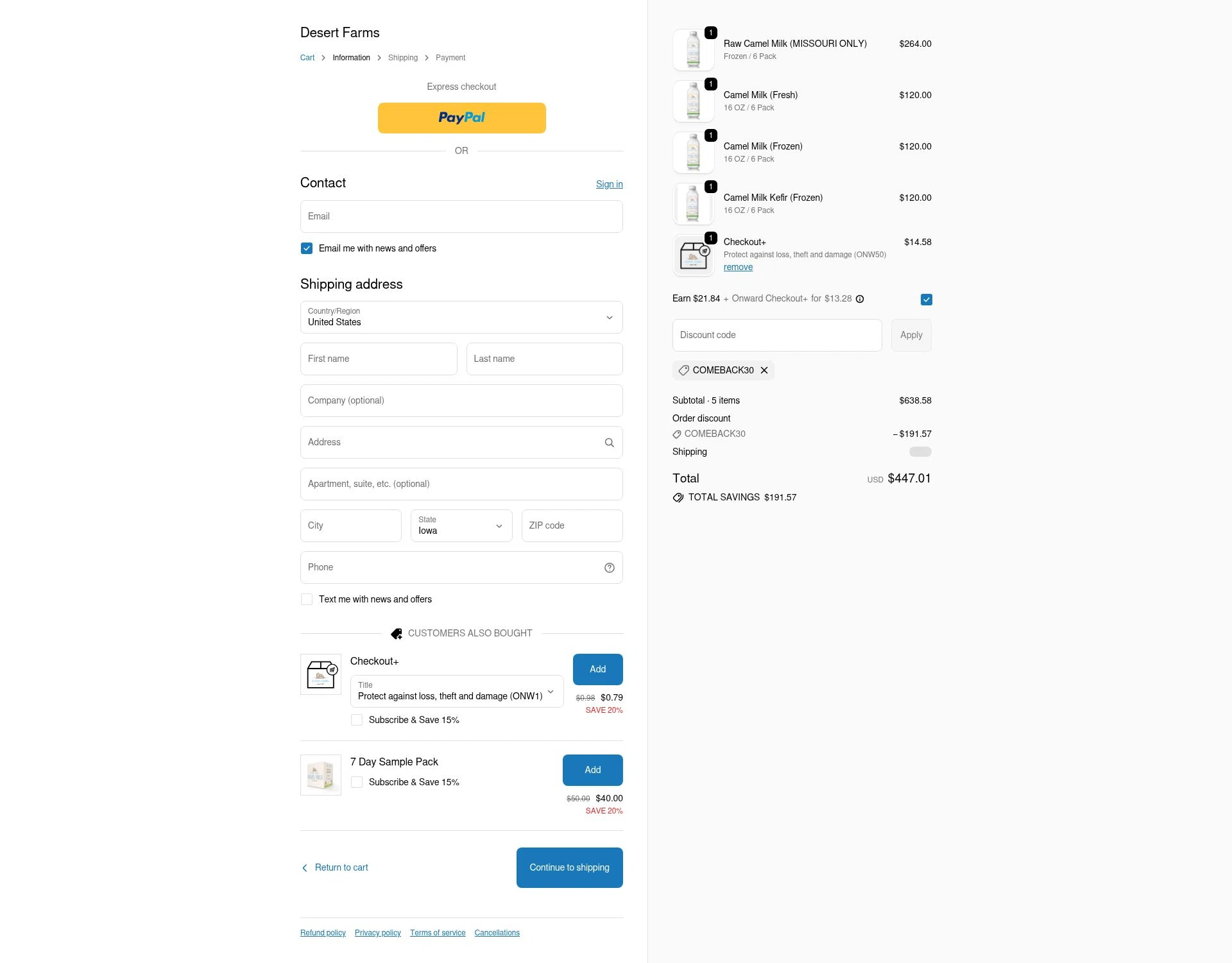 Desert Farms checkout page showing Desert Farms discount code box | Screenshot taken by SimplyCodes community member on Jan 7, 2026