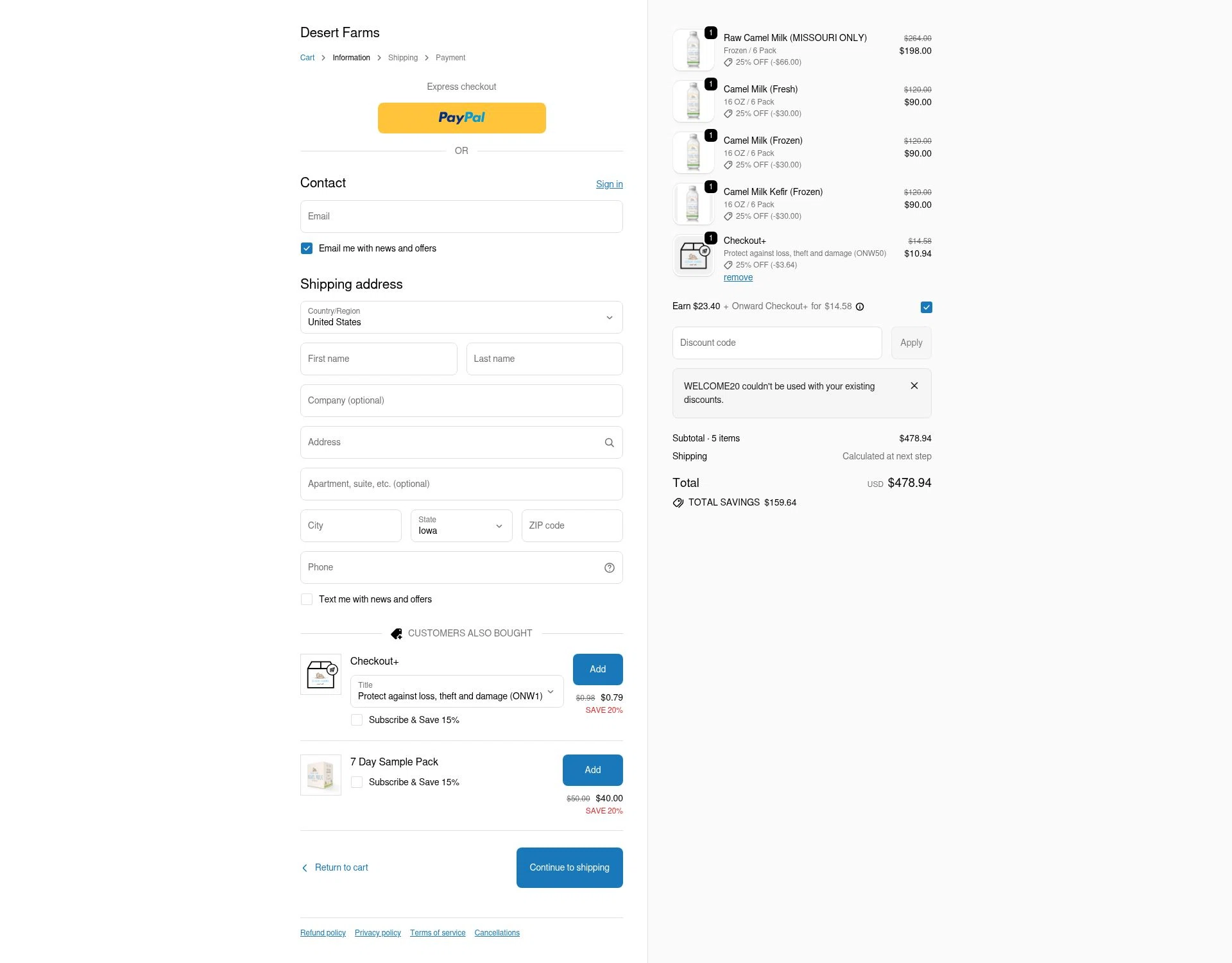 Desert Farms checkout page showing Desert Farms discount code box | Screenshot taken by SimplyCodes community member on Jan 7, 2026