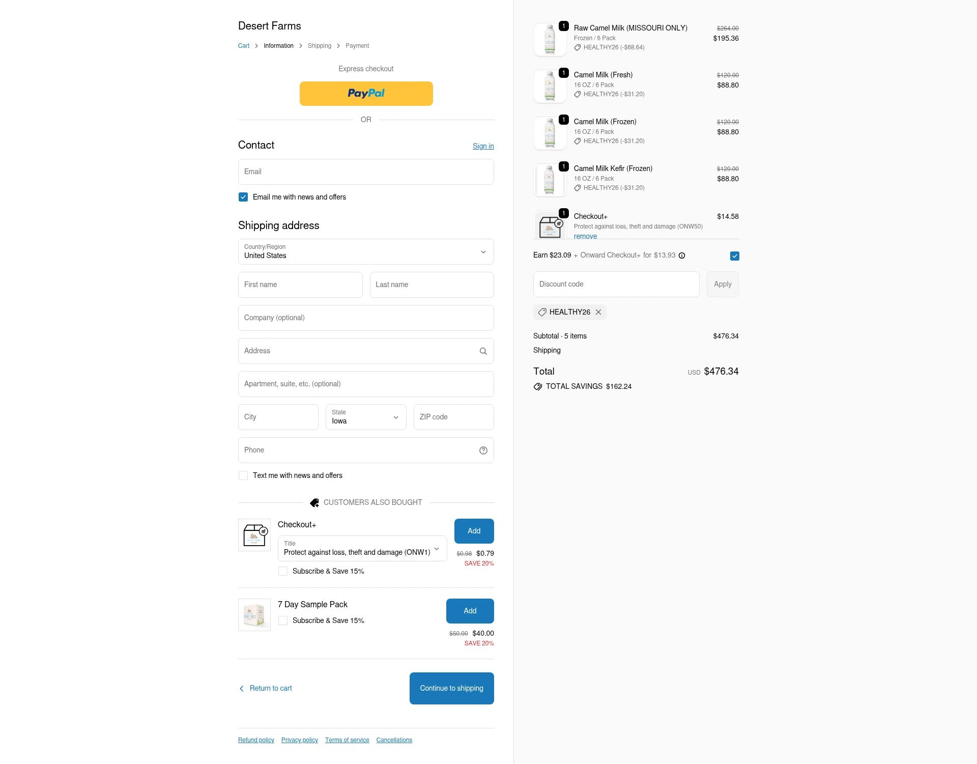 Desert Farms checkout page showing Desert Farms discount code box | Screenshot taken by SimplyCodes community member on Jan 7, 2026