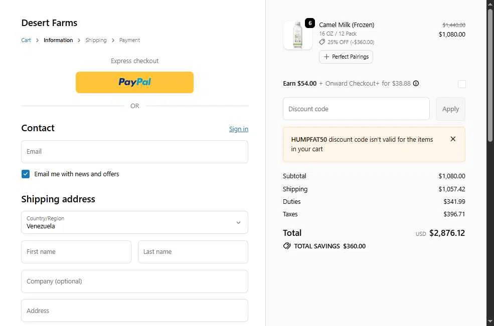 Desert Farms checkout page showing Desert Farms discount code box | Screenshot taken by SimplyCodes community member on Jan 7, 2026