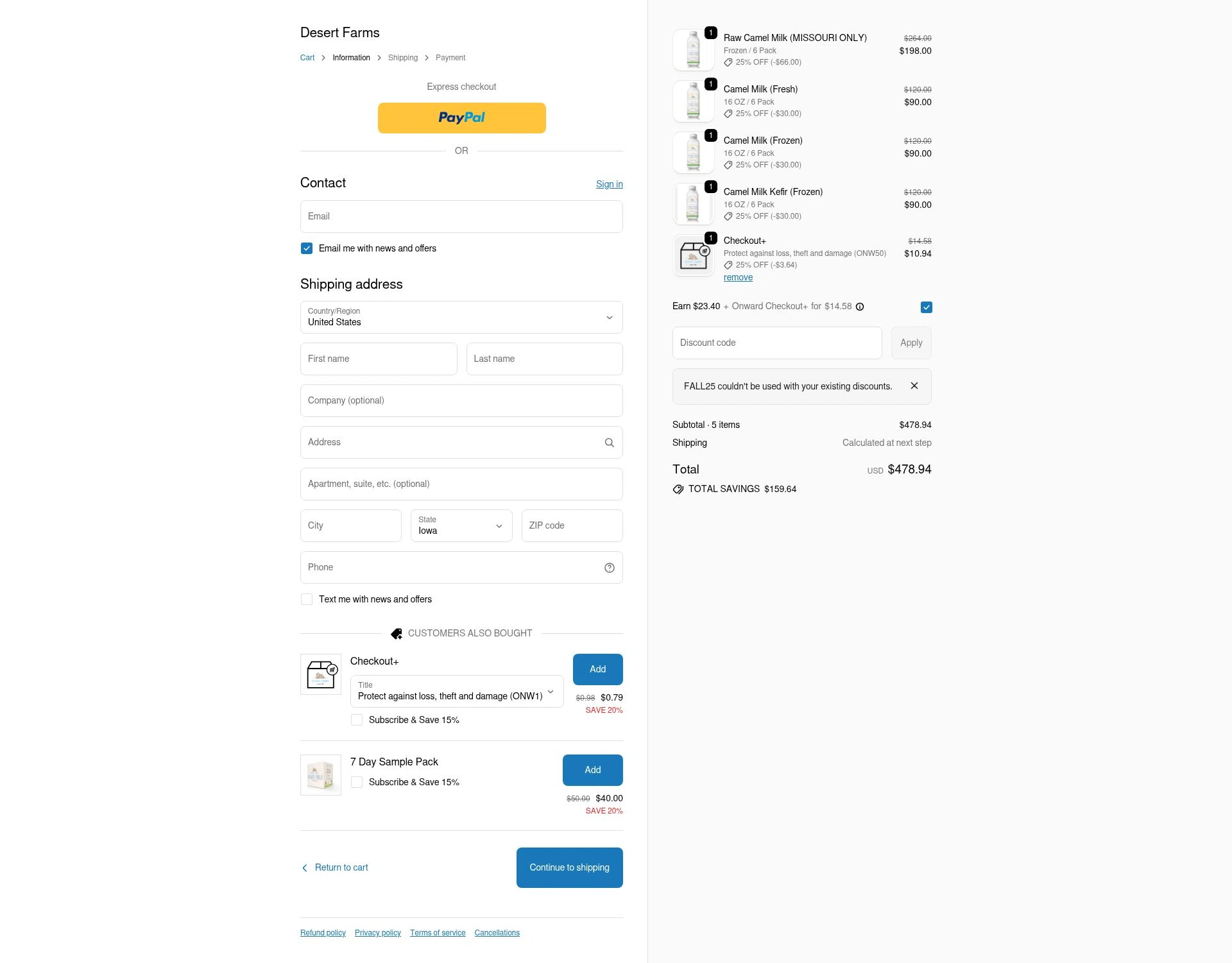 Desert Farms checkout page showing Desert Farms discount code box | Screenshot taken by SimplyCodes community member on Jan 7, 2026