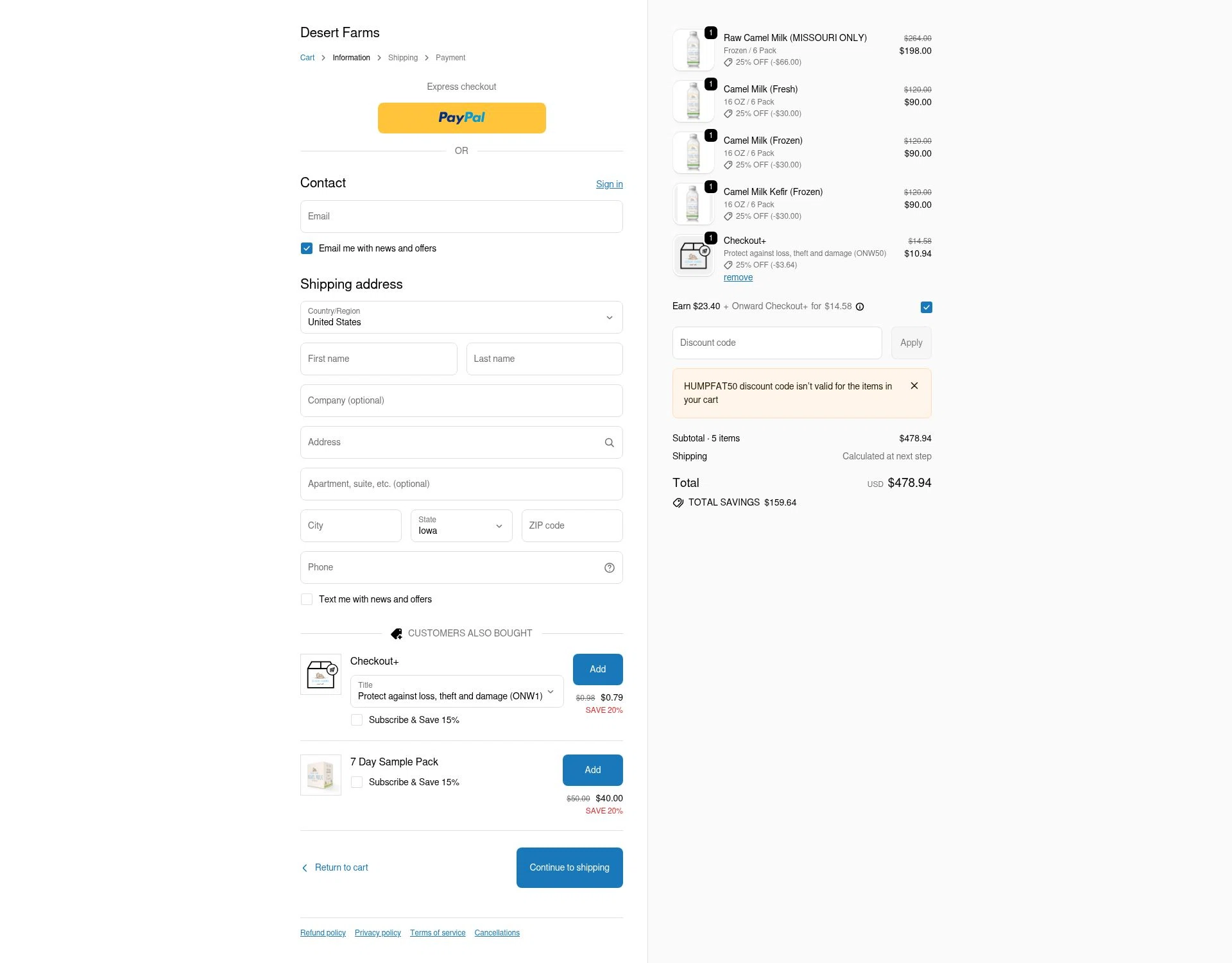 Desert Farms checkout page showing Desert Farms discount code box | Screenshot taken by SimplyCodes community member on Jan 7, 2026