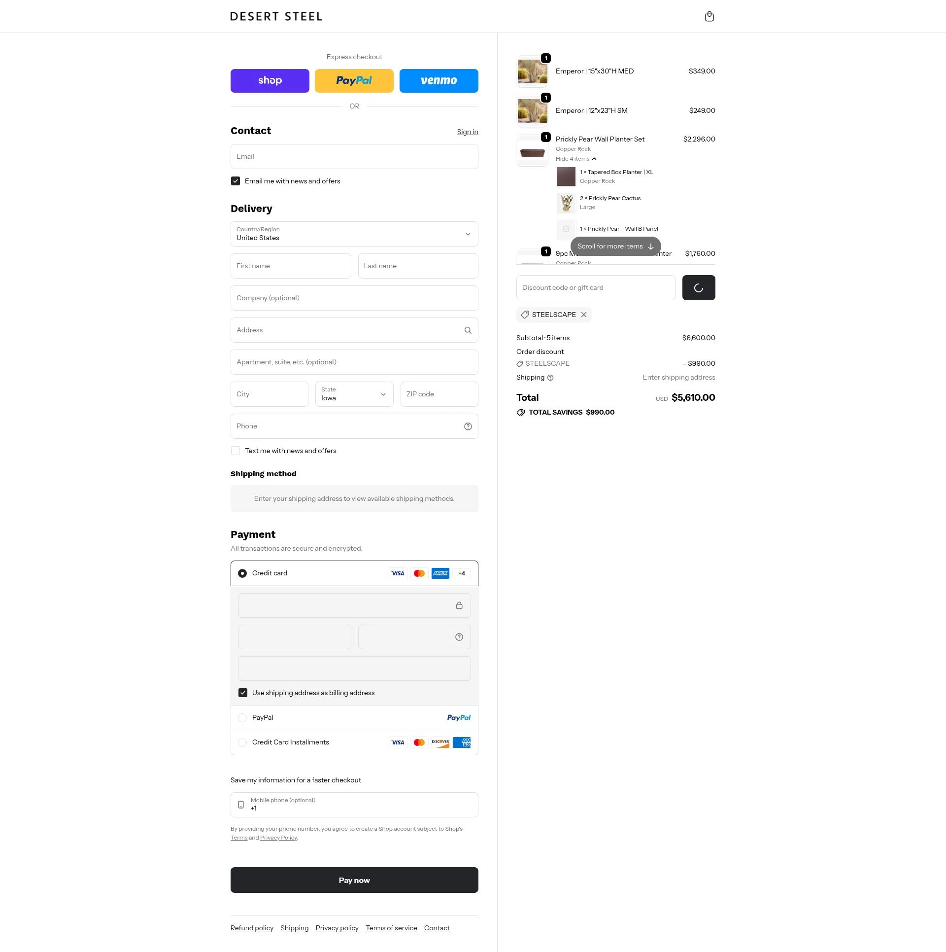 Desert Steel checkout page showing Desert Steel discount code box | Screenshot taken by SimplyCodes community member on Feb 5, 2026