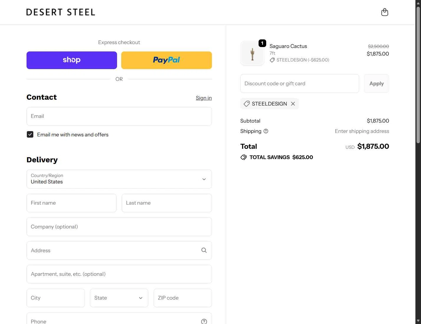 Desert Steel checkout page showing Desert Steel discount code box | Screenshot taken by SimplyCodes community member on Nov 19, 2025