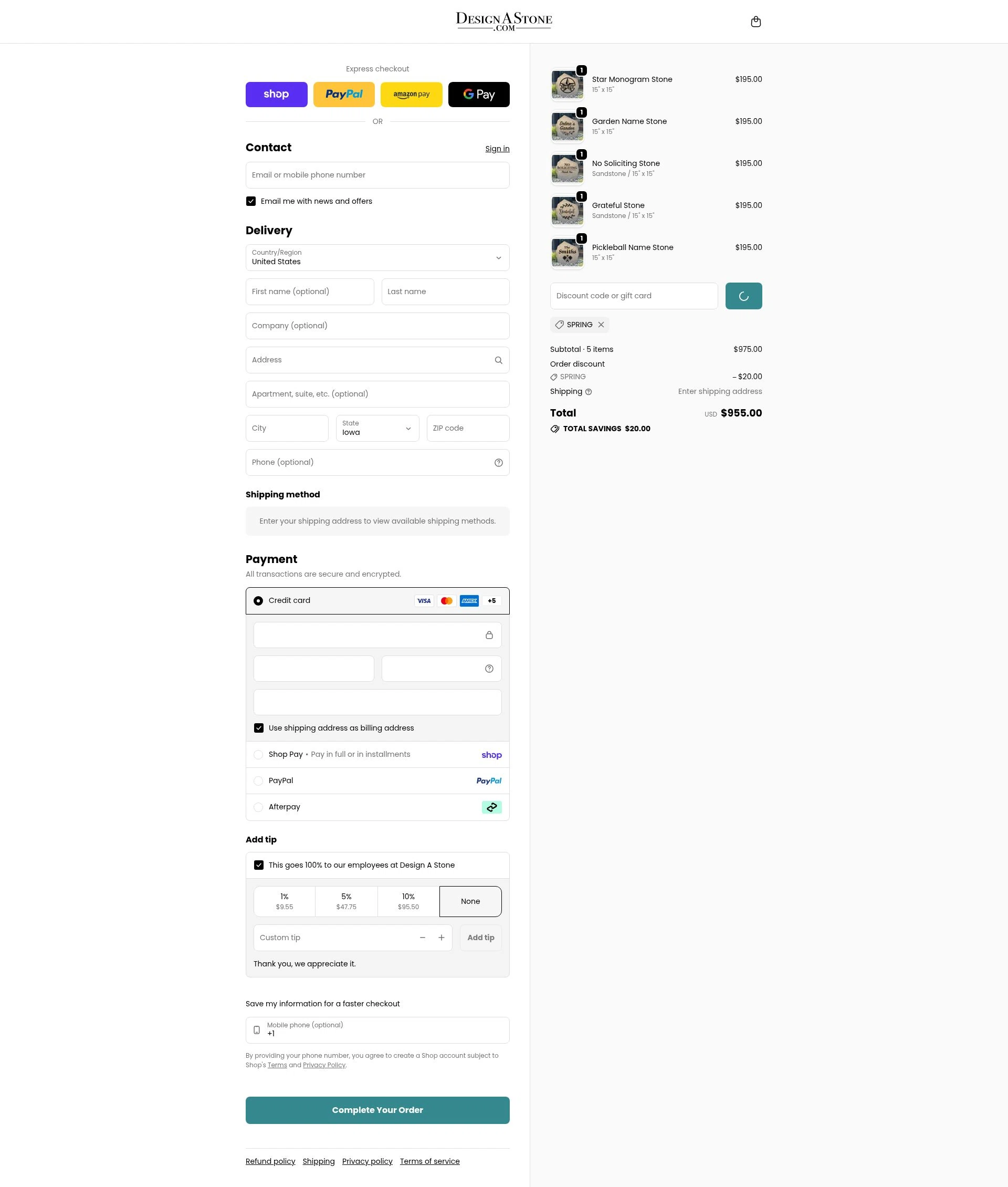 Design A Stone checkout page showing Design A Stone discount code box | Screenshot taken by SimplyCodes community member on Feb 6, 2026
