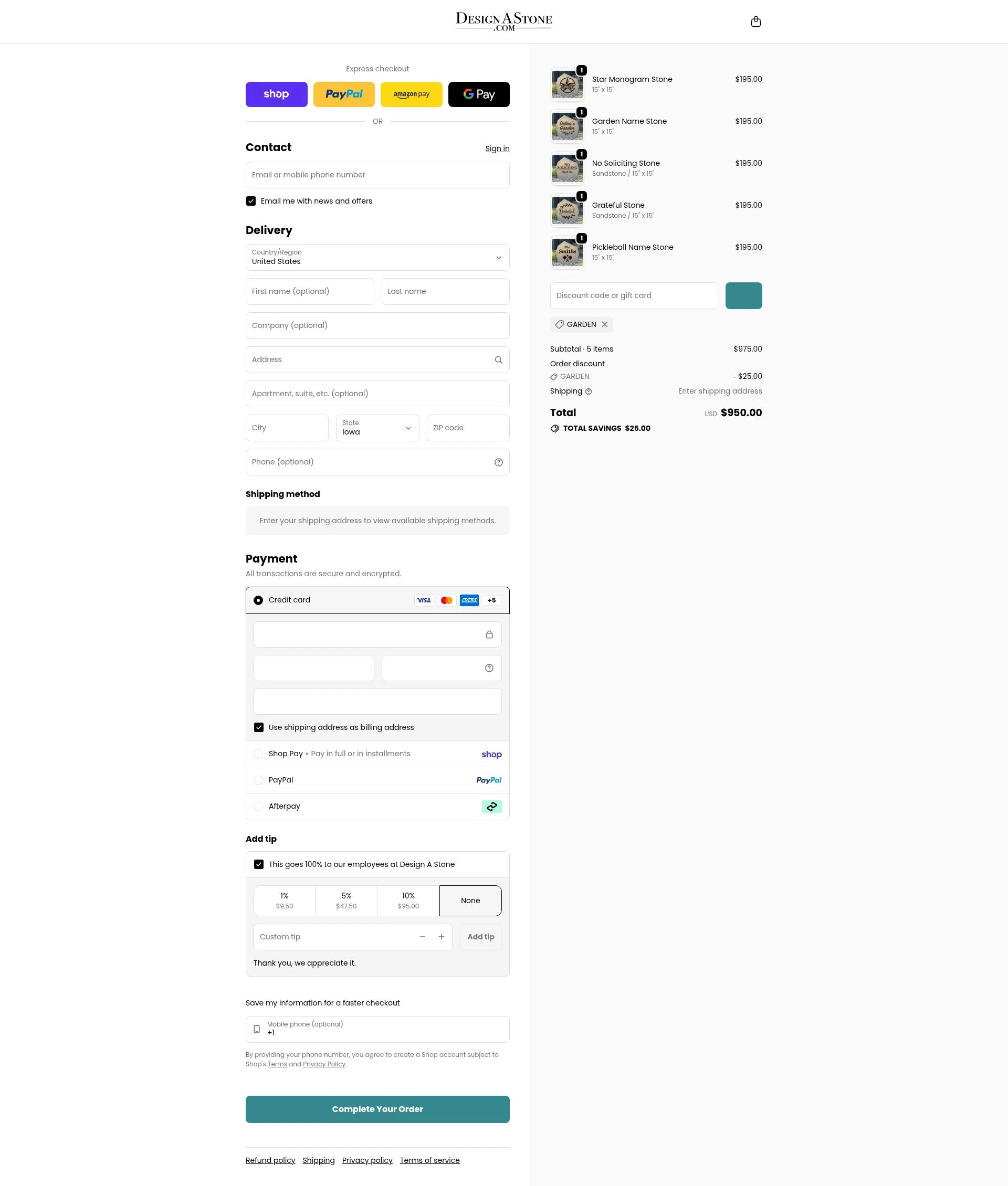Design A Stone checkout page showing Design A Stone discount code box | Screenshot taken by SimplyCodes community member on Feb 6, 2026