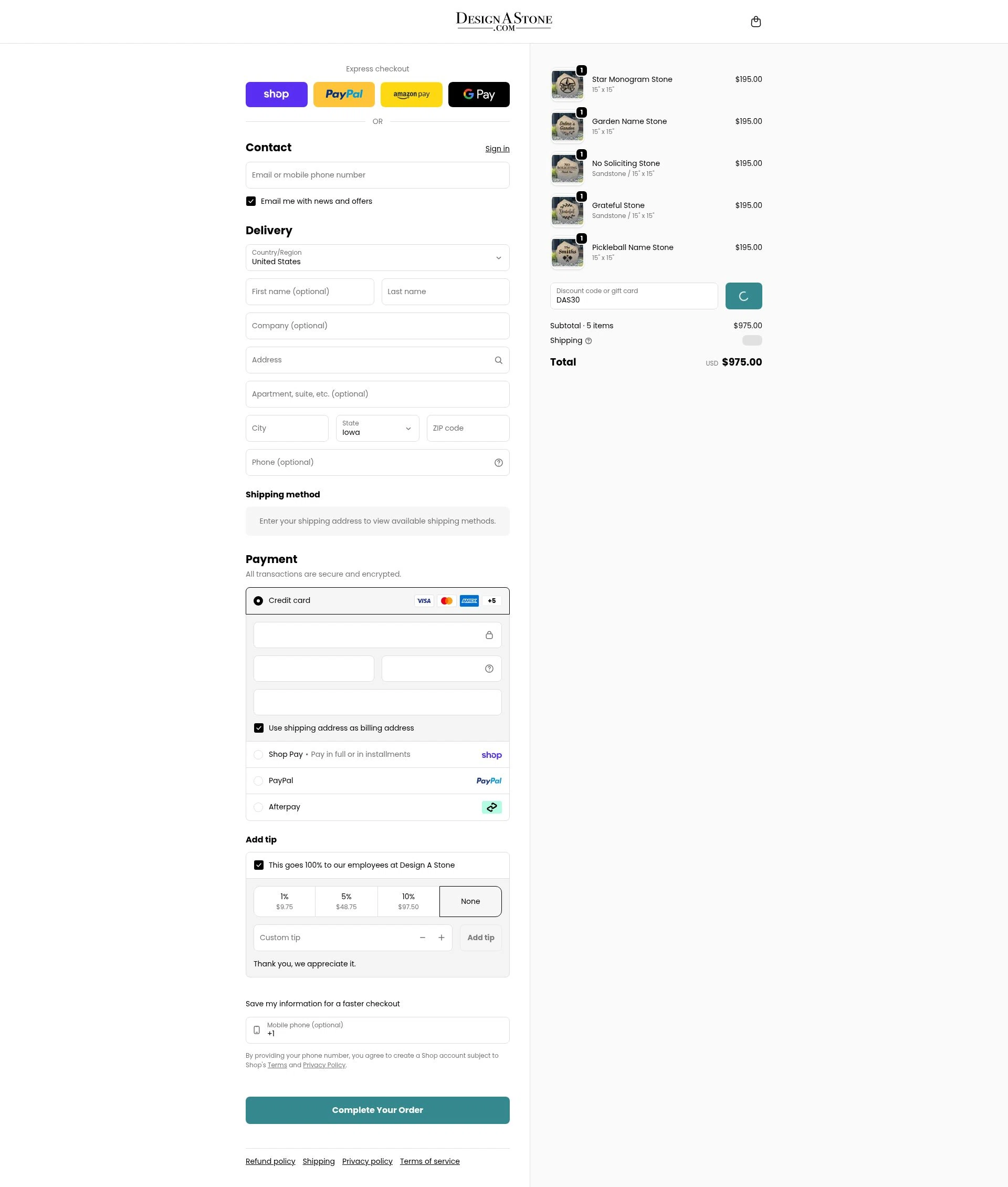 Design A Stone checkout page showing Design A Stone discount code box | Screenshot taken by SimplyCodes community member on Feb 6, 2026