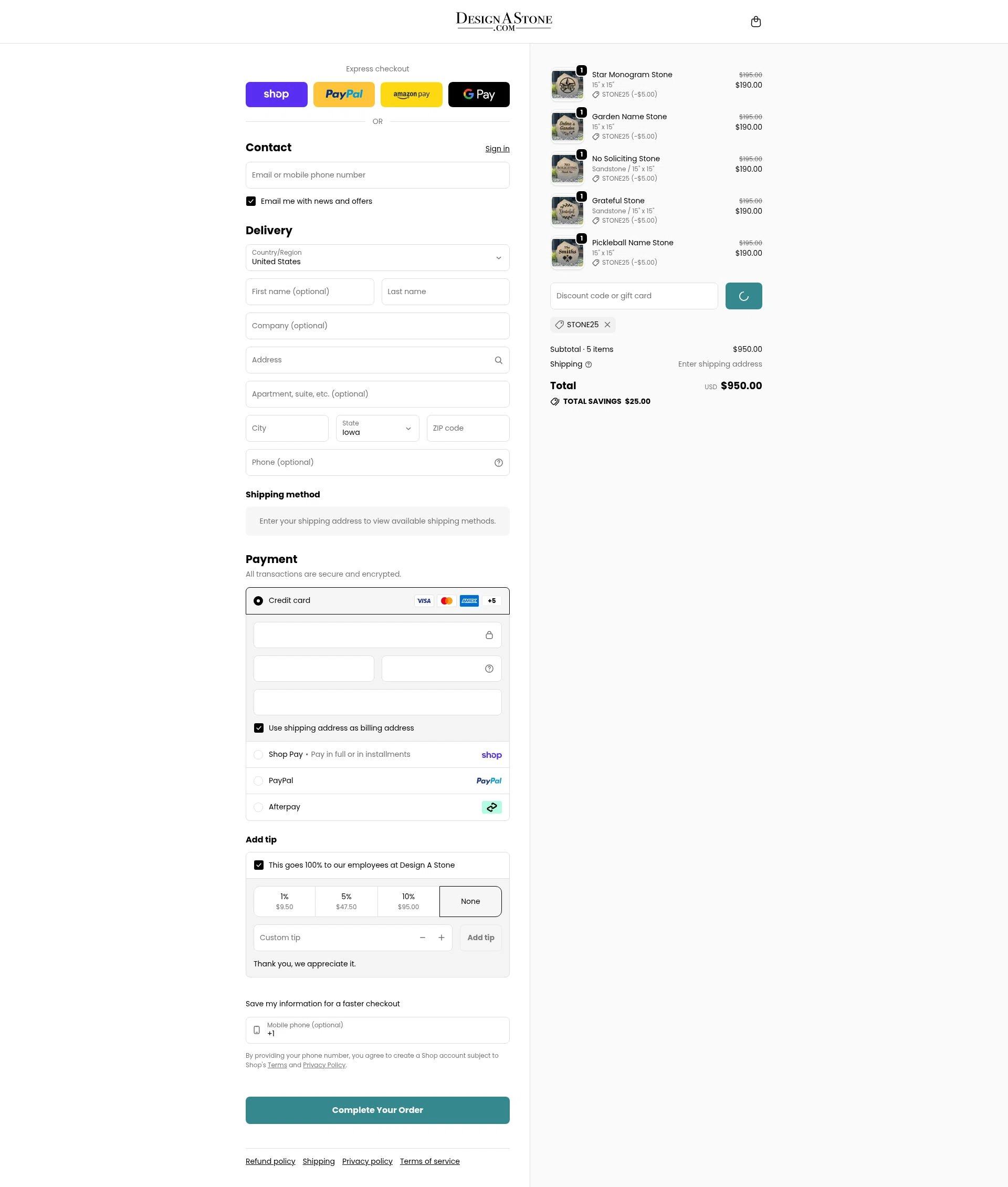 Design A Stone checkout page showing Design A Stone discount code box | Screenshot taken by SimplyCodes community member on Feb 6, 2026