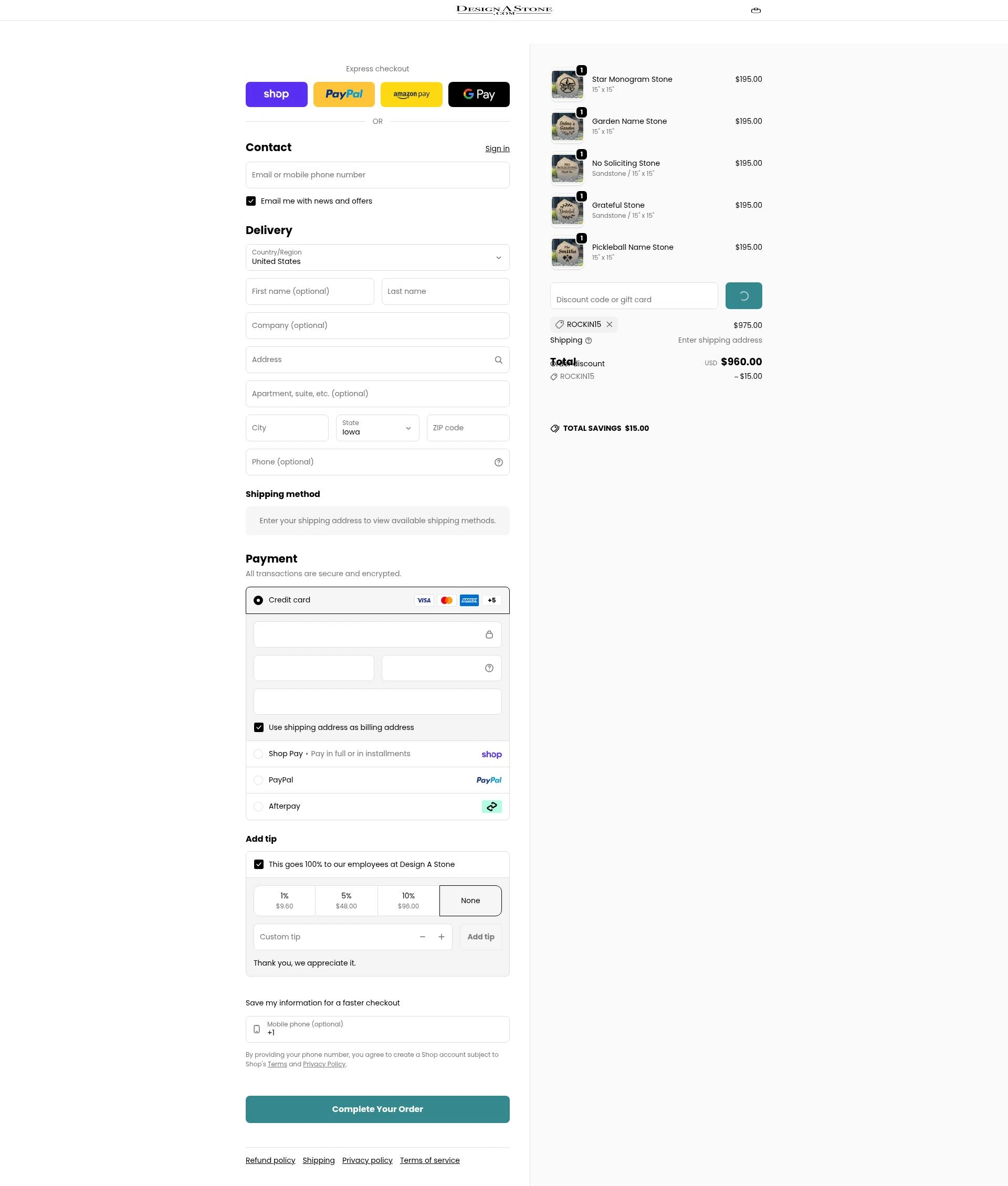 Design A Stone checkout page showing Design A Stone discount code box | Screenshot taken by SimplyCodes community member on Feb 6, 2026