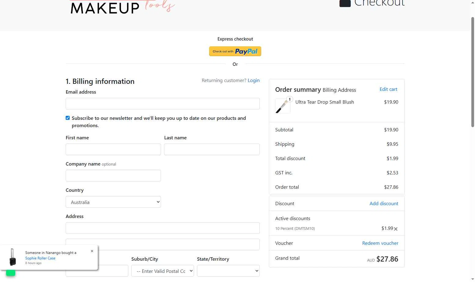 Designer Makeup Tools checkout page showing Designer Makeup Tools discount code box | Screenshot taken by SimplyCodes community member on Sep 7, 2025