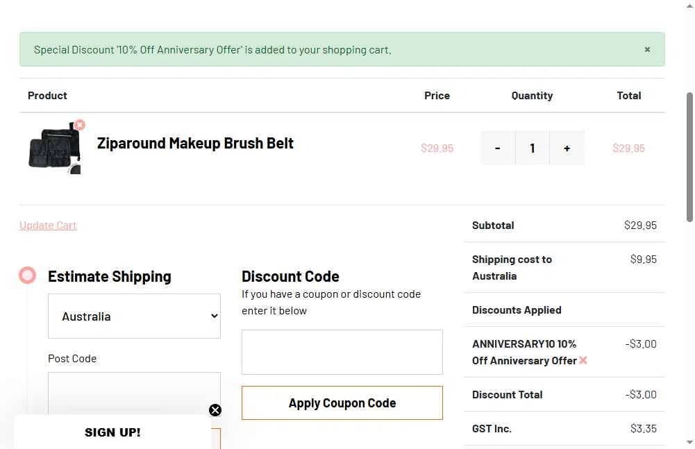 Designer Makeup Tools checkout page showing Designer Makeup Tools discount code box | Screenshot taken by SimplyCodes community member on Jul 23, 2025