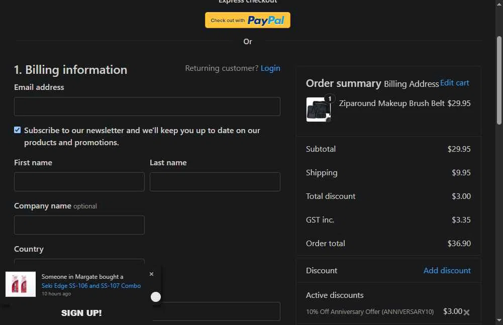 Designer Makeup Tools checkout page showing Designer Makeup Tools discount code box | Screenshot taken by SimplyCodes community member on Jul 23, 2025