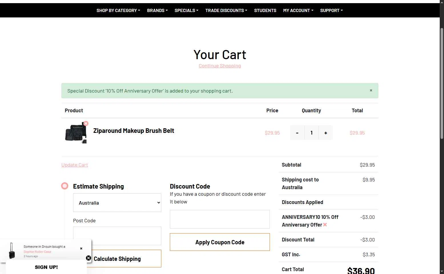 Designer Makeup Tools checkout page showing Designer Makeup Tools discount code box | Screenshot taken by SimplyCodes community member on Aug 21, 2025