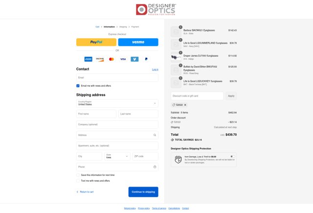 Designer Optics checkout page showing Designer Optics coupon code box | Screenshot taken by SimplyCodes community member on Aug 23, 2025