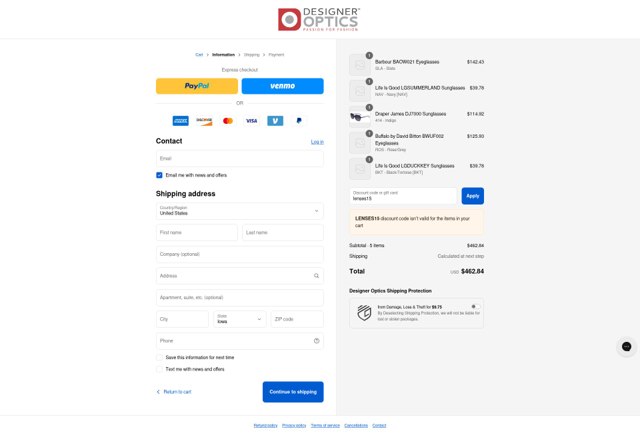 Designer Optics checkout page showing Designer Optics coupon code box | Screenshot taken by SimplyCodes community member on Aug 23, 2025
