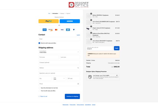 Designer Optics checkout page showing Designer Optics coupon code box | Screenshot taken by SimplyCodes community member on Aug 27, 2025