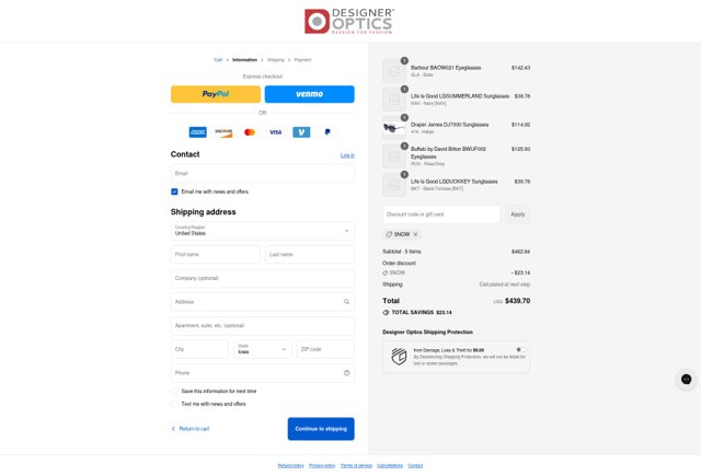 Designer Optics checkout page showing Designer Optics coupon code box | Screenshot taken by SimplyCodes community member on Aug 27, 2025