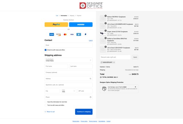 Designer Optics checkout page showing Designer Optics coupon code box | Screenshot taken by SimplyCodes community member on Aug 27, 2025